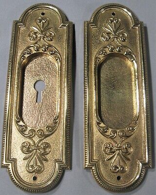 Antique Pair Solid Cast Brass/Bronze Pocket Door Pulls/Plates Victorian Design 3