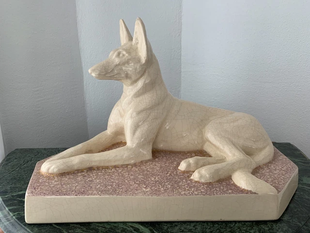 Charles Harva  Sculpture Chien  Céramique craquelée période Art Deco vers 1930.