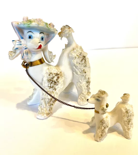 Spaghetti Poodle Dog Mom With Hat With Puppy On Leash Vintage Figurine