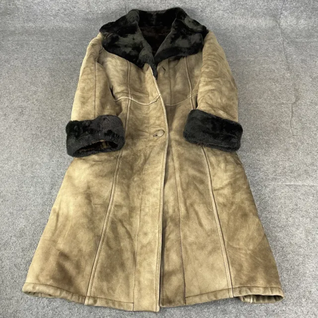 VINTAGE Sheepskin Jacket Womens Small Brown Coat Long Leather Thick Warm Vtg