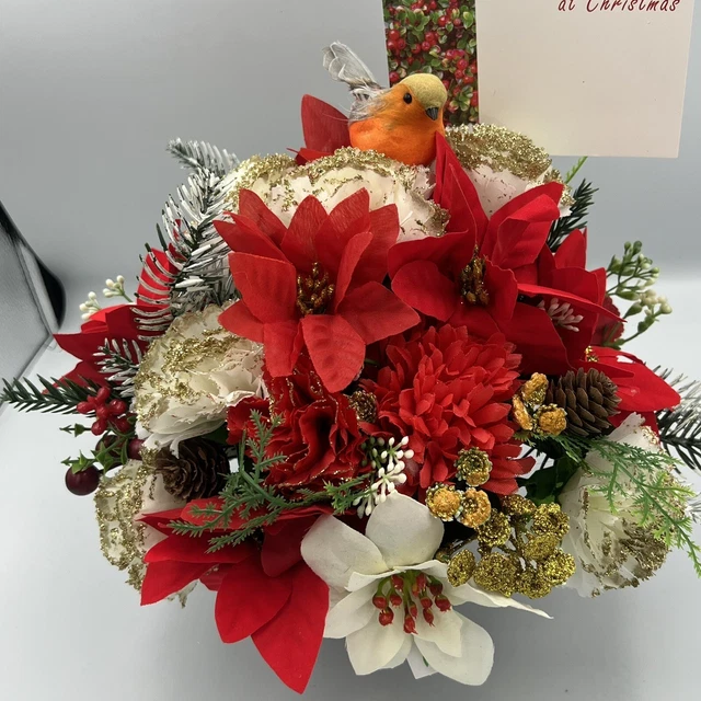 Quality Artificial Christmas  Arrangement Grave vase / Memorial / Crem Pot Red 3