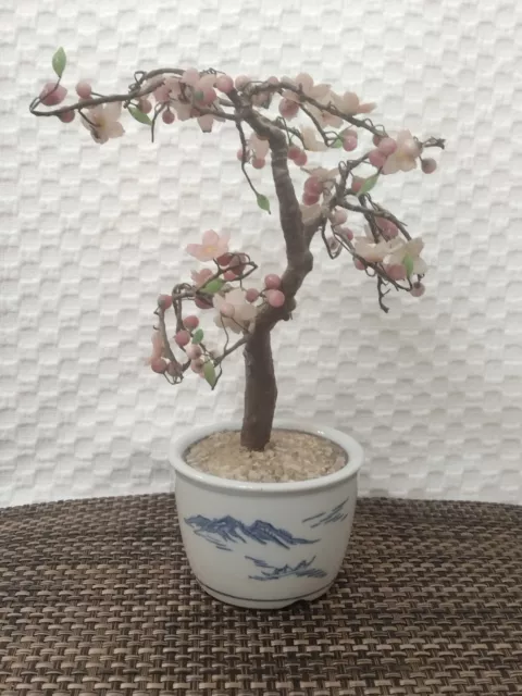 Artificial BONSAI Cherry Blossom Tree Chinese(?) Japanese(?) Blue Pot Asian...