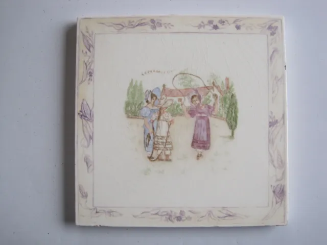 Antique 6" Victorian Mintons Tile - Children With Skipping Ropes C1880