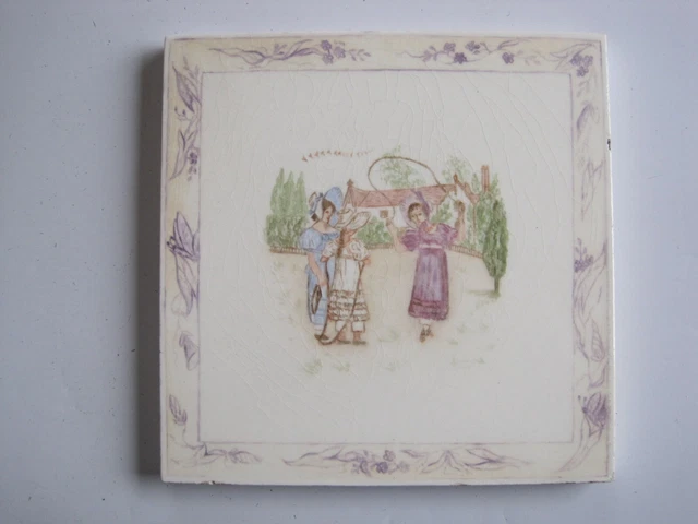 Antique 6" Victorian Mintons Tile - Children With Skipping Ropes C1880