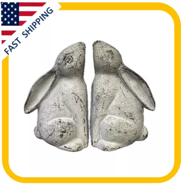 New Farmhouse Shabby Chic Rustic BUNNY RABBIT BOOK ENDS Cast Iron Figure Set