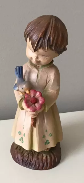 ANRI FERRANDIZ 6" FIRST BLOSSOM  WOOD CARVED FIGURINE  ITALY ....  GIRL w FLOWER