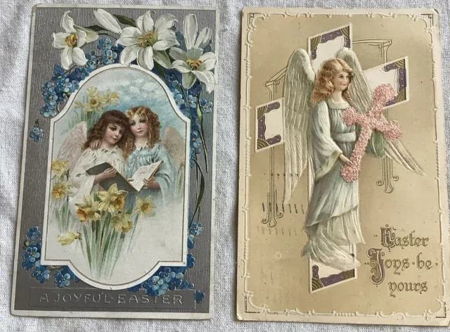 2 Vintage Easter Postcards Embossed Angels Cross Flowers Religious