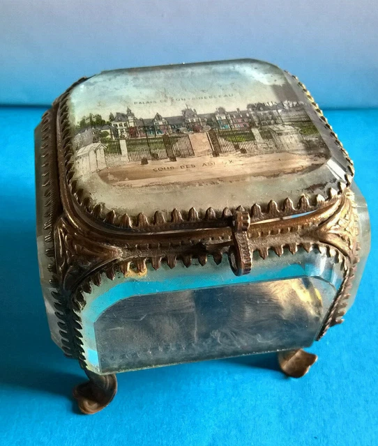 Petit Coffret à Bijoux Ancien - Verre Biseauté Décor émaillé - Occasion - Sans Marque