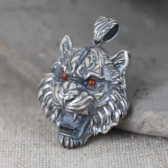 Real Solid 925 Sterling Silver Pendants Tiger Head Animals Matte Fashion Jewelry