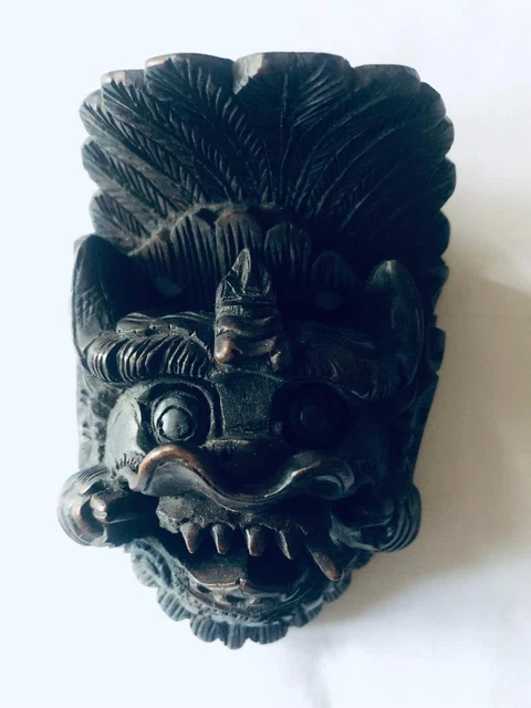 Vintage Wooden Barong Mask Carved Wall Art Indonesian Bali Hand Made - 4.5"
