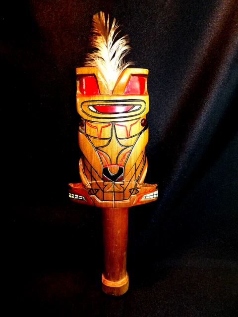 NW Coast Native American Hand Carved Cedar Rattle Wolf Shaman NW Coast Native American Hand Carved Cedar Rattle Wolf Shaman