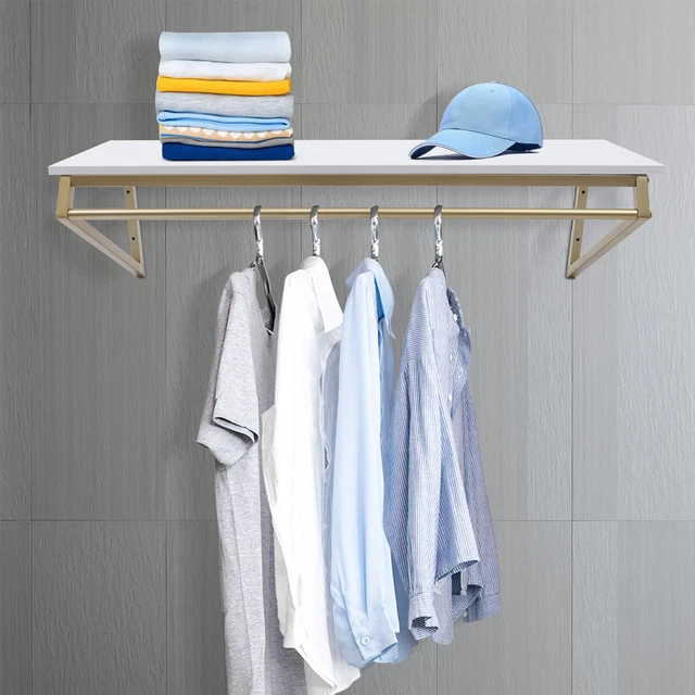 Clothes Rack Clothes Store Display Storage Stand With Wood Shelf Wall-Mounted