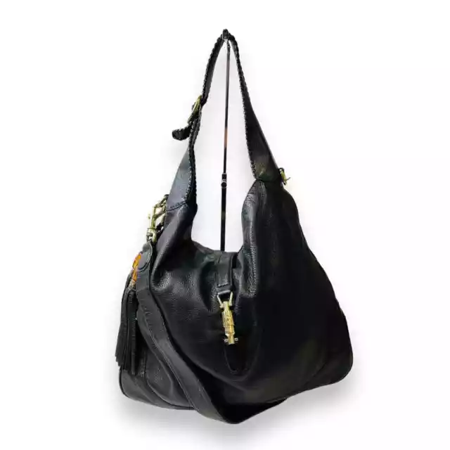 GUCCI Black Grained Leather New Jackie Hobo Tassel Crossbody Shoulder Bag