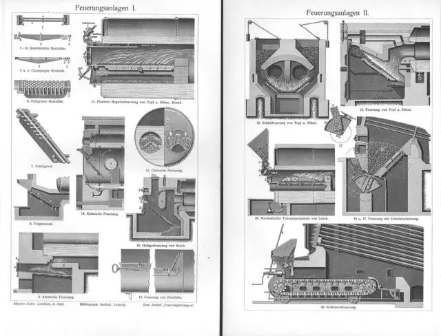 Feuerungsanlagen I-III Heizung Gas Kohle Holz Brennstoffe  Stich v. 1906