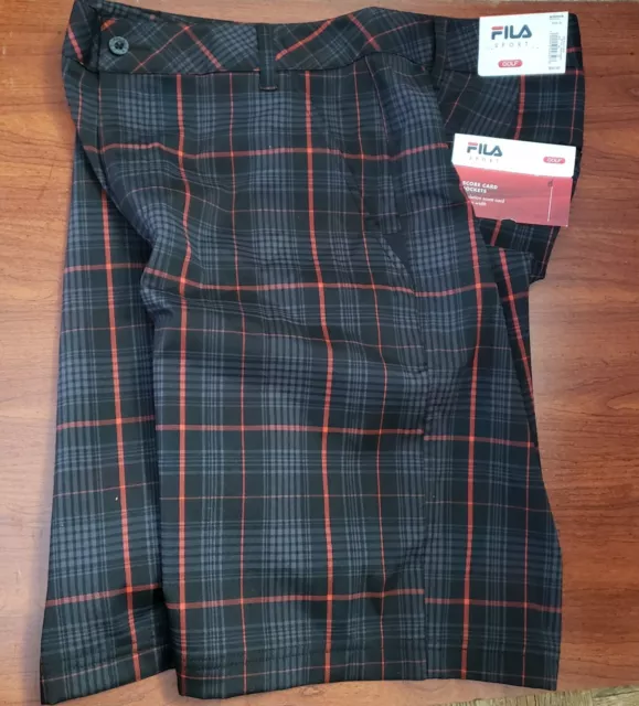 NEW*Fila Sport Golf Shorts~Men SIZE 32~Black Gray Red Plaid~Score Card Pockets