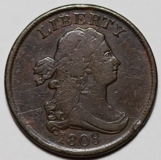 1808 Draped Bust Half Cent - Scratched - Rotated Die - US 1/2c Copper Penny - L0