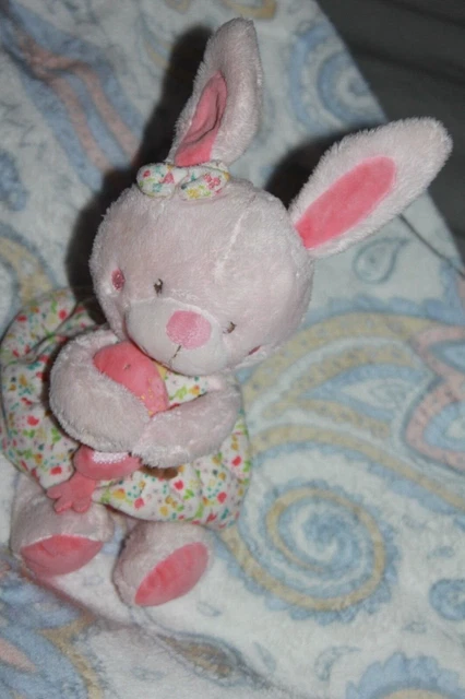 Doudou TEX BABY LAPIN MUSICAL ROBE ROSE FLEUR OISEAU COM NEUF 25 CM