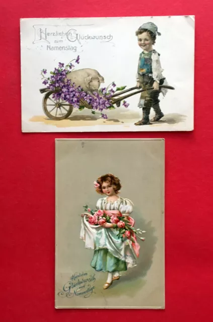 2 x Glückwunsch AK Namenstag 1907/09 Kinder mit Blumen und Glücksschwein ( 52479