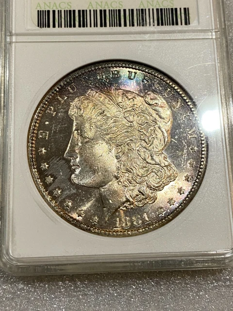 1881 S Morgan Silver Dollar MS 65 Old ANACS Soapbox Holder Slight Rainbow Toning