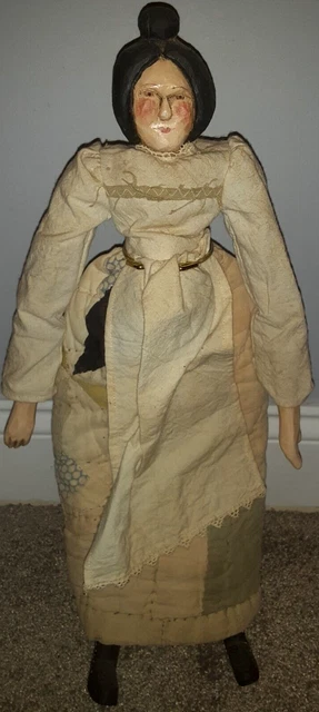 Antique Rare 17" Wood Wooden Peg Doll Carved Face Peg Joints