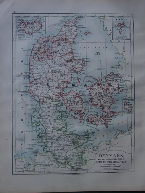 1900 Victorian Map ~ Denmark Schleswig-Holstein Faroe Iceland Bornholm