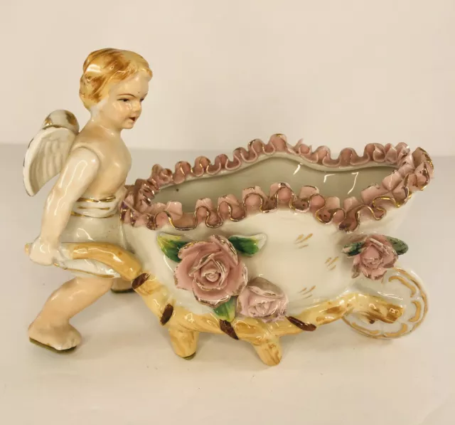vtg Royal Bone China Lace Angel /cherub pushing wheelbarrow figurine foil tag