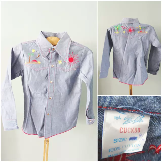 Camicia Jean Vintage anni '70 Ragazze Funky Ricamata Collari Lunghi Cuculo Età 9/10