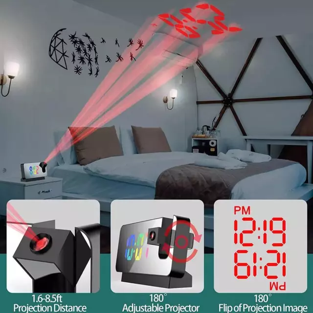 Projection Alarm Clock LED Mirror Screen w/ Time Date Temperature W Display X8H2