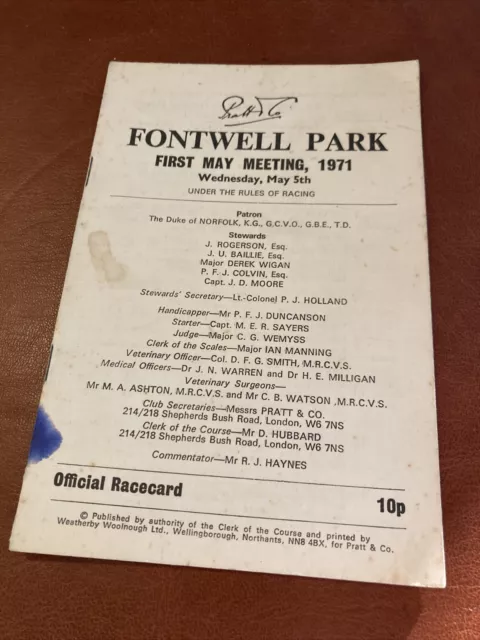 FONTWELL PARK, RACE CARD,  1971 May 5th