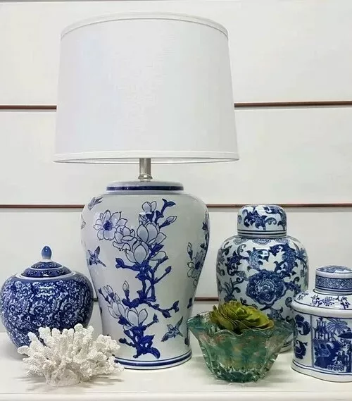 Hamptons Jonquil Blue/White Ceramic Intricate Table Lamp & White Shade RRP $337