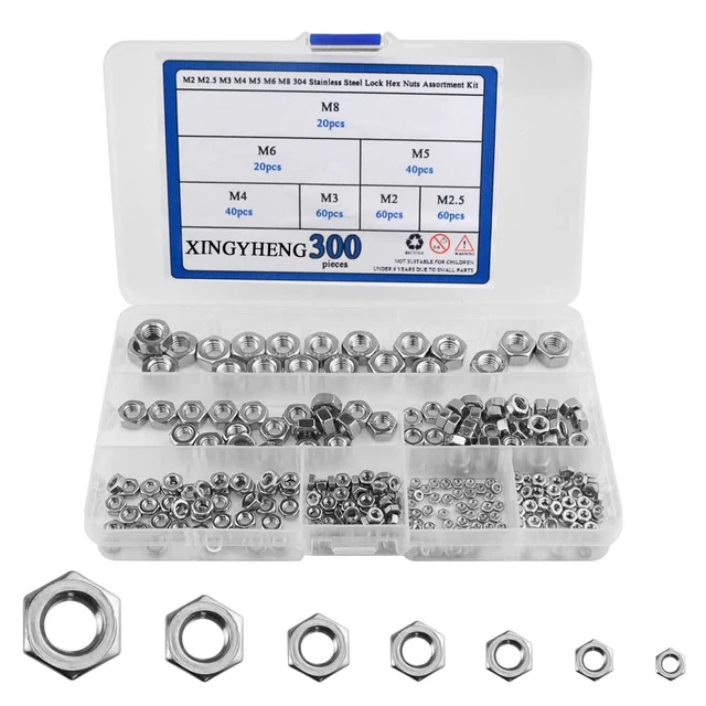 300pcs M2 M2.5 M3 M5 M6 M8 304 Stainless Steel Hex Nuts