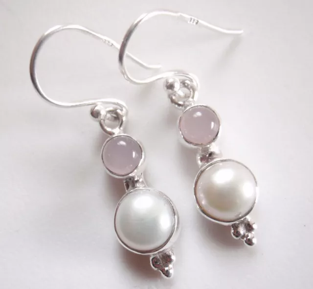 Cultured Pearl and Rose Quartz 925 Sterling Silver Dangle Earrings Small
