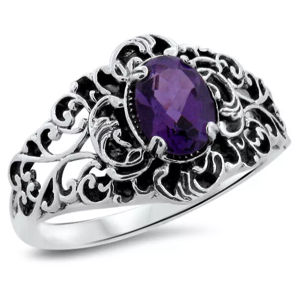 Victorian Style Genuine Amethyst 925 Sterling Silver Classic Design Ring    848Z