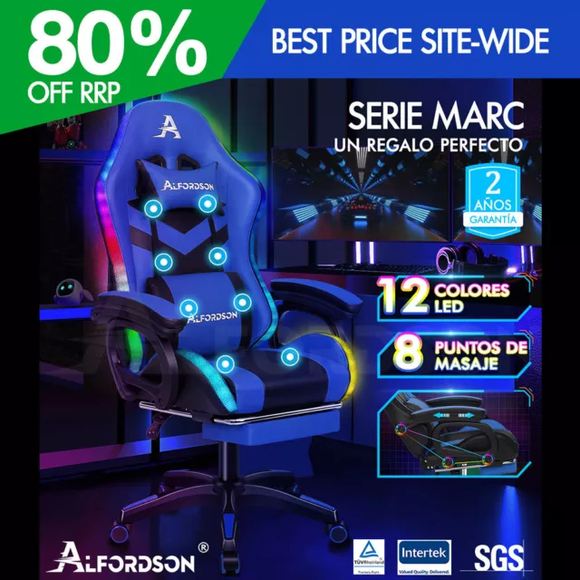 ALFORDSON Silla Gaming con Masaje y LED 12 Colores Silla Oficina Azul y Negro