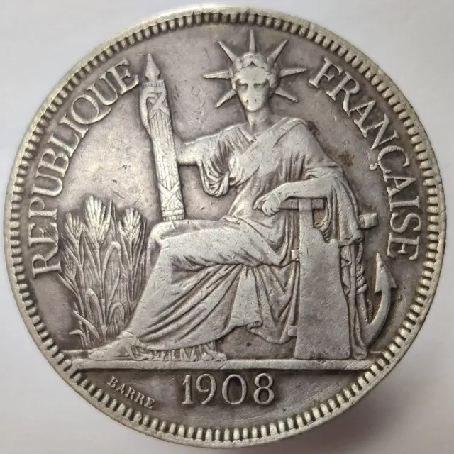 1908 Silver 1 Piastre Commerce French Indo-China Rare Crown Thaler Sized Coin 5A