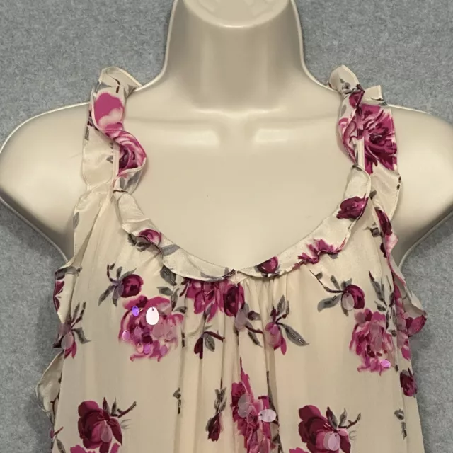 Rebecca Taylor Women Top 4 Beige Pink Floral 100% Silk Ruffle V Neck Bead Sequin 2
