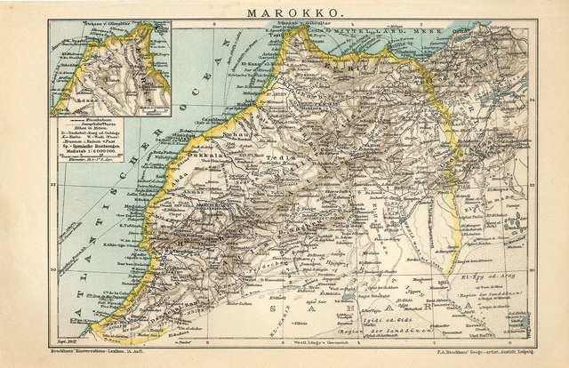 1902 MOROCCO CASABLANCA RABAT TANGER GIBRALTAR Antique Map dated