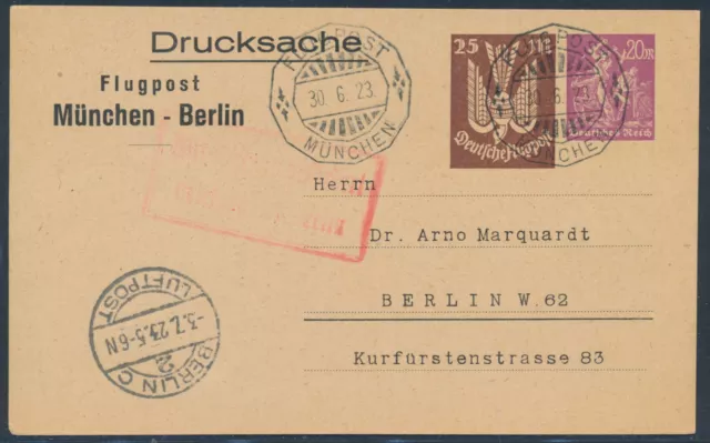 Dt. Reich Flugpost-Drucksachenkarte München nach Berlin 1923 (9110)