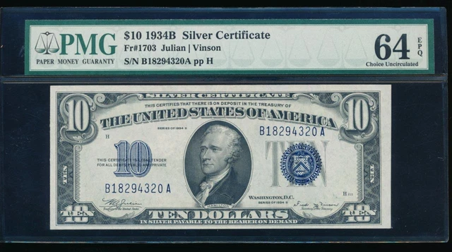 AC 1934B $10 Silver Certificate PMG 64 EPQ Fr 1703 KEY NOTE!