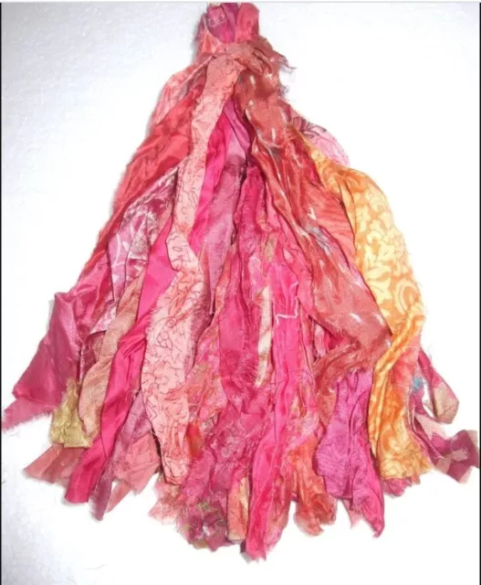 LOT Antique Vintage Pure Sari Silk Tassels Scrapbook Sari Remnant Fabric-Peach