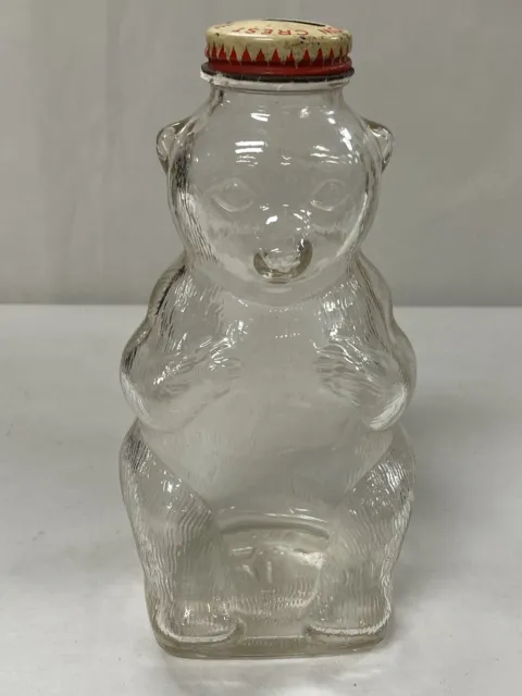 Vintage 1950s BEAR Shaped COIN BANK Snow Crest Beverages GLASS Bottle Metal Lid