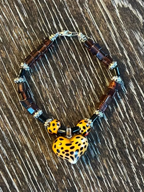Murano Glass Cheetah Heart Bracelet Amber Beads & Silver Spacers