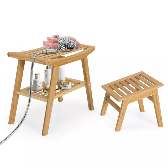 Bamboo Shower Seat Bench with Foot Stool Chair with Underneath Storage Shelf