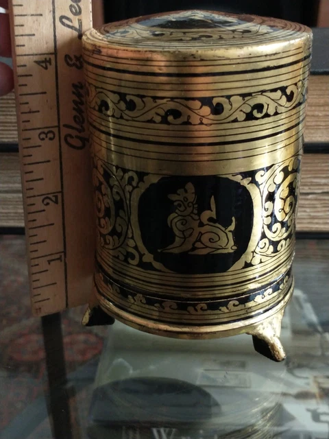 Antique Burmese Black & Gold Lacquer Betel Nut Cigarette Box Vtg Myanmar Shwezar 2