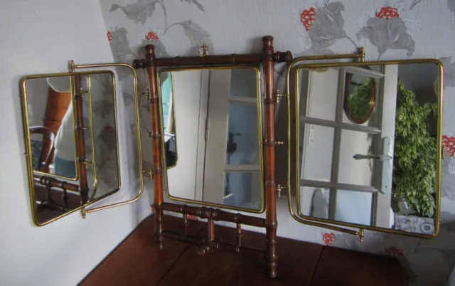 Ancien miroir tryptique bois façon bambou et laiton ART DECO Grand modèle 95 cm 3