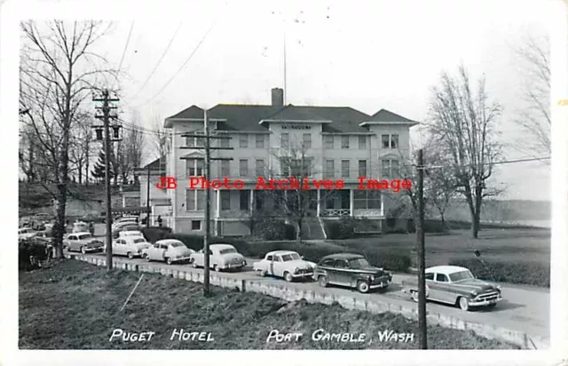 WA, Port Gamble, Washington, RPPC, Puget Hotel, Exterior View, 50s Cars, Photo