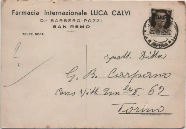 Carte Postale De La Pharmacie Luca Calvi À L'entreprise Carpano À Turin 1940