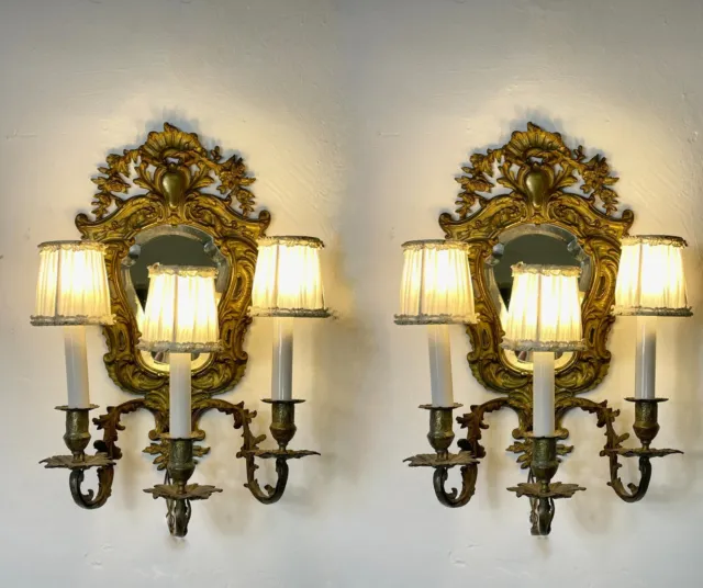 Pair antique French Louis XVI style Bronze mirror 3 light wall electric sconces