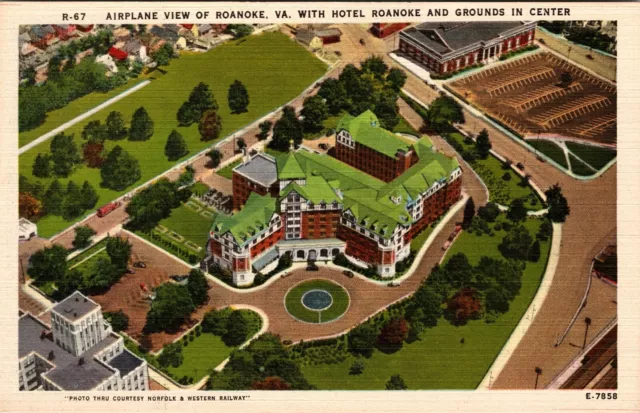 Airplane Aerial View Hotel Roanoke and Grounds Virginia VA Postcard VTG Birdseye