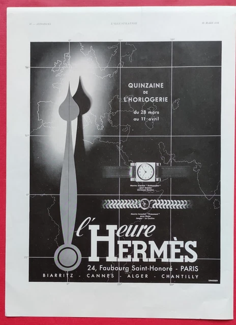 Publicité de presse Les Montres HERMES Luxe l'Heure Hermès & Gaine CLAVERIE 1938
